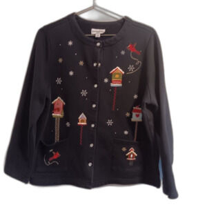 Brekenridge Women's 1X Embroidered snap sweatshirt Bird Houses Snowflakes Black